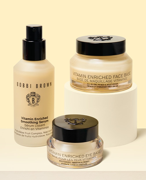 Visual of skincare including soothing cleansing oil and vitamin enriched eye cream, vitamin enriched face base 